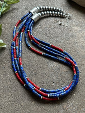 Load image into Gallery viewer, Sterling Silver Multi Strand Lapis Coral Pearls Bead Necklace. 24 inch