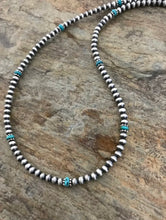 Load image into Gallery viewer, Sterling Silver Navajo Pearls with Turquoise Bead Necklace. 16 inch