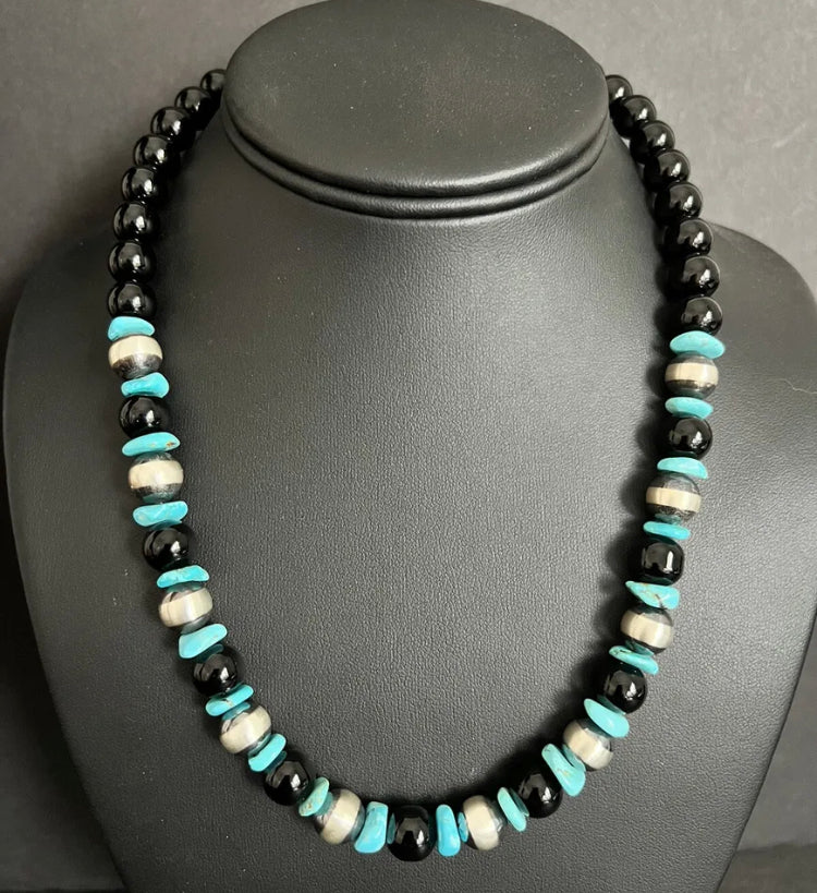 Sterling Silver Black Onyx Turquoise Bead Necklace. 18 Inch