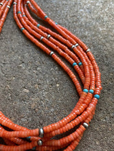 Load image into Gallery viewer, Sterling Silver Multi Strand Orange Coral W Turquoise Bead Necklace. 24 inch