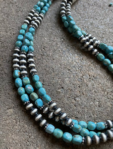 Sterling Silver Multi Strand Turquoise W Navajo Pearls Bead Necklace. 22 inch