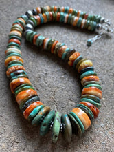 Load image into Gallery viewer, Sterling Silver Graduated Green Turquoise Spiny Oyster Bead Necklace 19 inch