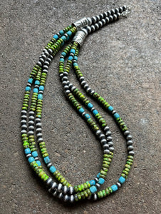 Sterling Silver Multi Strand Blue Green Turquoise Bead Necklace. 24 inch