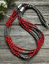Load image into Gallery viewer, Sterling Silver Multi Strand Red Bamboo Coral Bead Necklace 30 Inch