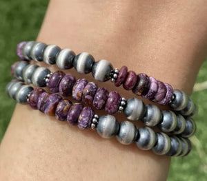 Sterling Silver Purple Spiny Oyster Pearls Bead Wrap Spiral Bracelet Free Size