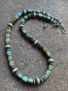 Sterling Silver Blue Green Turquoise W Navajo Pearls Bead Necklace 16 inch