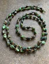 Load image into Gallery viewer, Sterling Silver Green Turquoise Nuggets with Heishi Bead Necklace. 60 inch