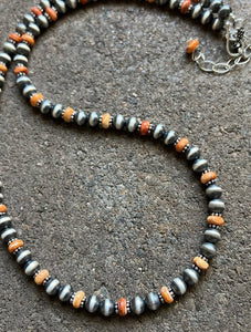 Sterling Silver Orange Spiny Oyster with 6mm Pearls Bead Necklace. 22 inch
