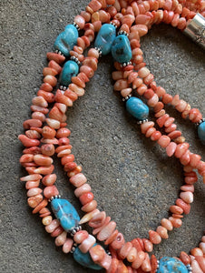 Sterling Silver Multi Strand Pink Coral Blue Turquoise Bead Necklace 24 Inch