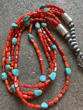Load image into Gallery viewer, Sterling Silver Multi Strand Coral Turquoise Bead Necklace 24 Inch