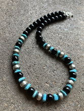 Load image into Gallery viewer, Sterling Silver Black Onyx Turquoise Bead Necklace. 18 Inch