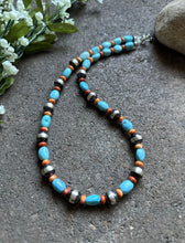 Load image into Gallery viewer, Sterling Silver Graduated Blue Turquoise Spiny Oyster Bead Necklace 20 Inch