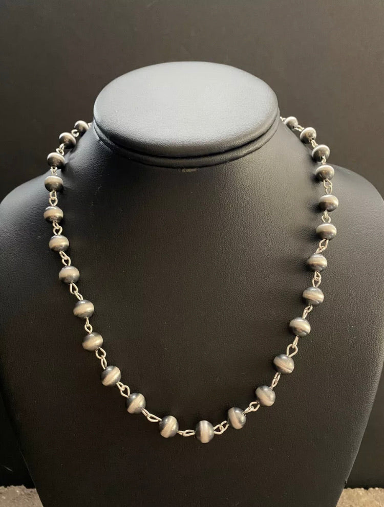Sterling Silver 8mm Navajo Pearls Rosary Bead Necklace. 16 Inch.