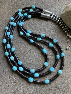 Sterling Silver Layered Multi Strand Turquoise Nuggets Bead Necklace 27 Inch.