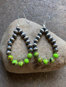Sterling Silver Green Turquoise W Pearls Bead Loop Earrings.