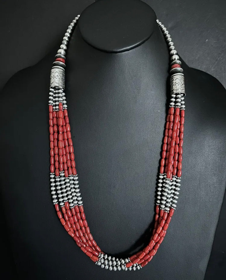 Sterling Silver Multi Strand Red Bamboo Coral Bead Necklace 30 Inch