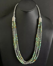 Load image into Gallery viewer, Sterling Silver Multi Strand Green Turquoise Bead Necklace. 30 inch