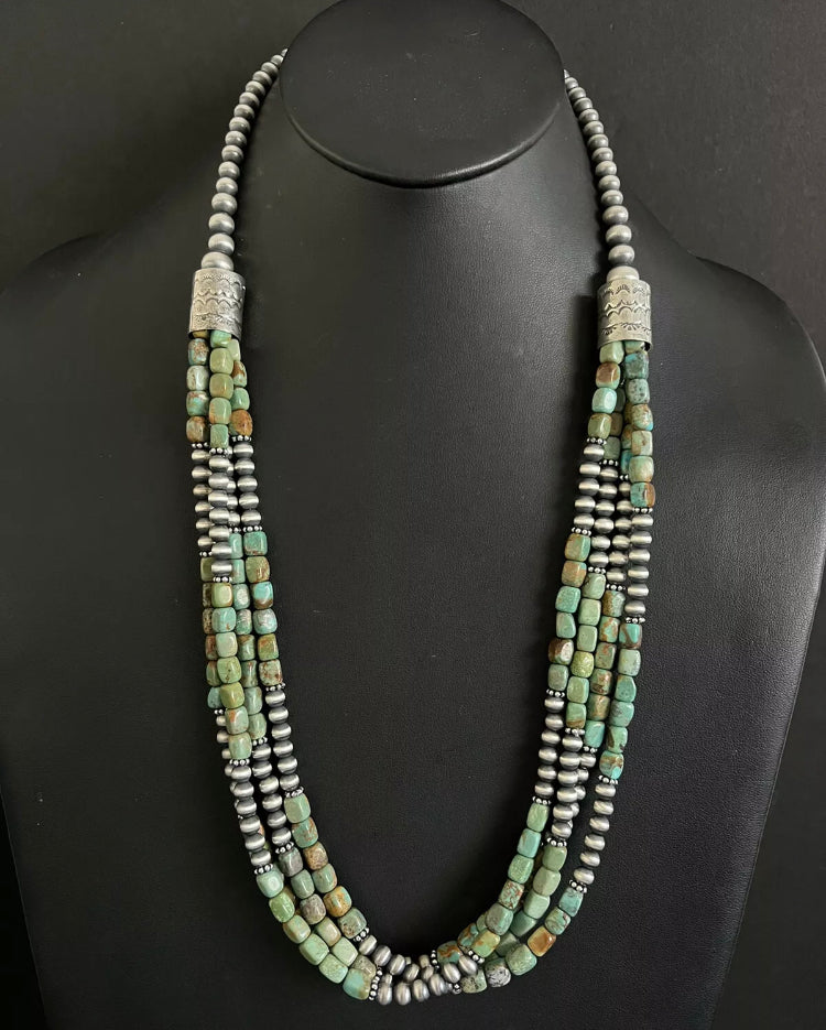 Sterling Silver Multi Strand Green Turquoise Bead Necklace. 30 inch