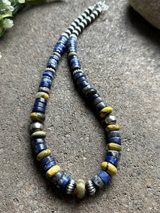 Sterling Silver Graduated Lapis Bumblebee Jasper Bead Necklace 18 inch