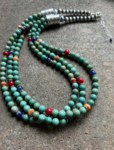 Sterling Silver Green Turquoise Multi Strand Multi Stone Bead Necklace. 24 inch