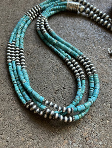 Sterling Silver Multi Strand Turquoise W Pearls Bead Necklace. 24 inch