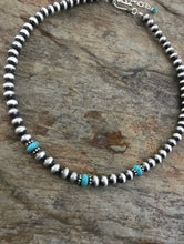 Load image into Gallery viewer, Sterling Silver 6mm Navajo Pearls with Turquoise Bead Necklace Choker. 16 inch