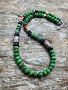Sterling Silver Green Turquoise Multi Stone Bead Necklace. 19 inch. Gift