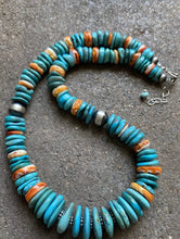 Load image into Gallery viewer, Sterling Silver Graduated Blue Turquoise Spiny Oyster Bead Necklace 20 Inch