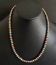 Load image into Gallery viewer, Sterling Silver Orange Spiny Oyster with 6mm Pearls Bead Necklace. 22 inch