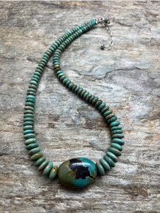 Sterling Silver Graduated Green Turquoise Bead Necklace. 18 inch