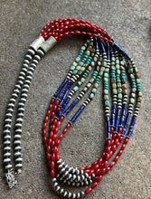 Load image into Gallery viewer, 38 Inch Sterling Silver Multi Strand Stone Coral Lapis Turquoise Bead Necklace
