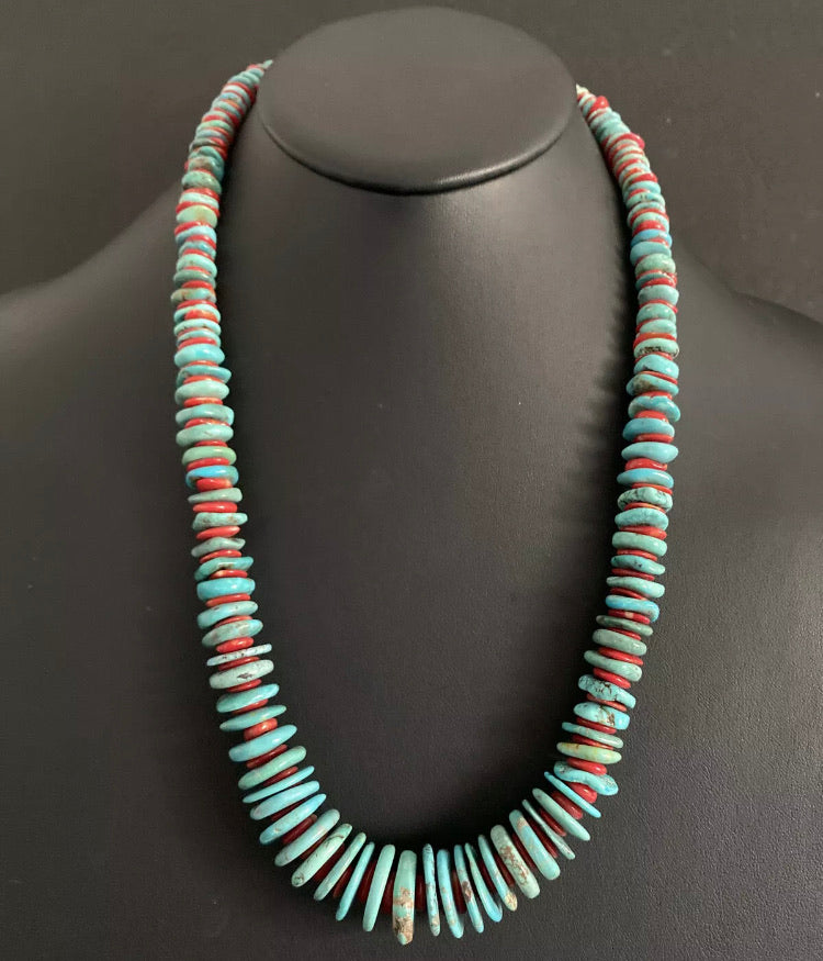 Sterling Silver Turquoise Coral Bead Necklace. 24.5 inch