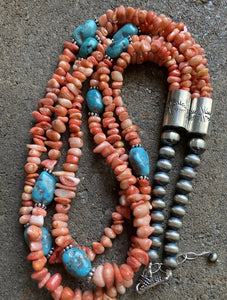 Sterling Silver Multi Strand Pink Coral Blue Turquoise Bead Necklace 24 Inch