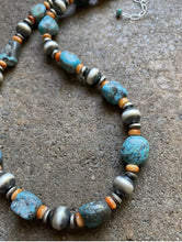 Load image into Gallery viewer, Sterling Silver Turquoise Nuggets W Spiny Oyster Bead Necklace 18 inch
