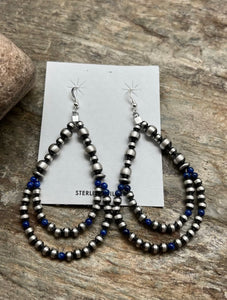 Sterling Silver Pearls Double Loop Lapis Bead Earrings.