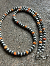 Load image into Gallery viewer, Sterling Silver Orange Spiny Oyster W 6mm Pearls Bead Necklace. 24 inch