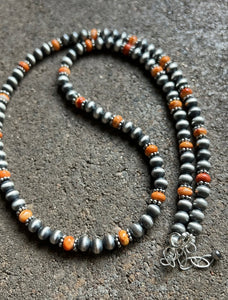 Sterling Silver Orange Spiny Oyster W 6mm Pearls Bead Necklace. 24 inch