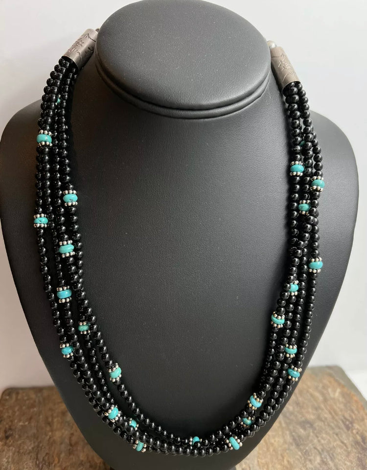 Sterling Silver Multi Strand Black Onyx with Turquoise Bead Necklace. 22 Inch