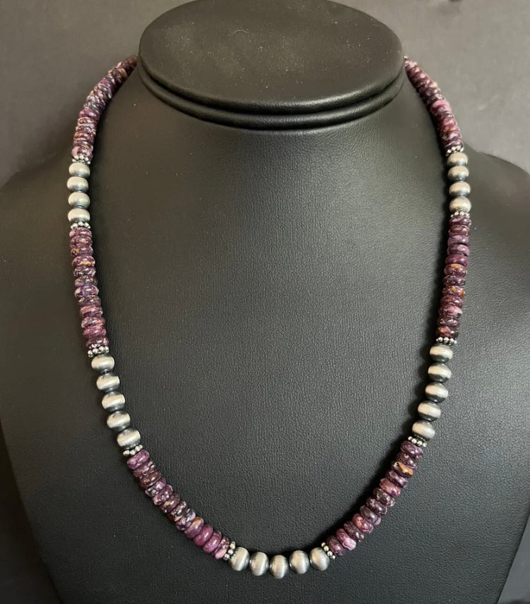 Sterling Silver Purple Spiny Oyster with Pearls Bead Necklace. 18 inch