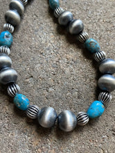 Load image into Gallery viewer, Sterling Silver Turquoise W Navajo Pearls Choker Bead Necklace. 14 inch