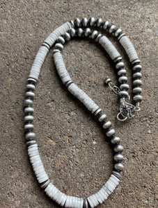 Sterling Silver White Buffalo Turquoise W Navajo Pearls Bead Necklace. 18 inch