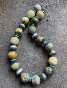 Sterling Silver Bumblebee Jasper W 16mm Navajo Pearls Bead Necklace. 18 inch