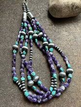 Load image into Gallery viewer, Sterling Silver Multi Strand Amethyst Turquoise W Pearls Bead Necklace. 24 inch