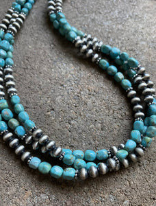 Sterling Silver Multi Strand Turquoise W Navajo Pearls Bead Necklace. 22 inch