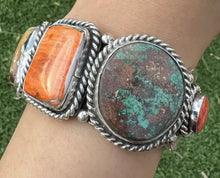 Load image into Gallery viewer, Navajo Sterling Silver Turquoise Spiny Oyster Row Cuff Bracelet. CY