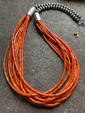 Load image into Gallery viewer, Sterling Silver Multi Strand Orange Coral Bead Necklace. 28 inch
