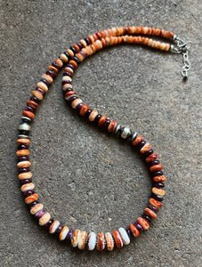 Sterling Silver Graduated Orange Purple Spiny Oyster Bead Necklace. 24 inch