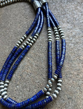 Load image into Gallery viewer, Sterling Silver Multi Strand Lapis W Pearls Bead Necklace. 28 inch