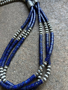 Sterling Silver Multi Strand Lapis W Pearls Bead Necklace. 28 inch