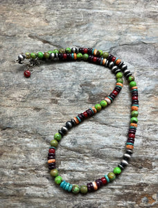 Sterling Silver Green Turquoise Spiny Multi Stone Bead Necklace. 18 Inch